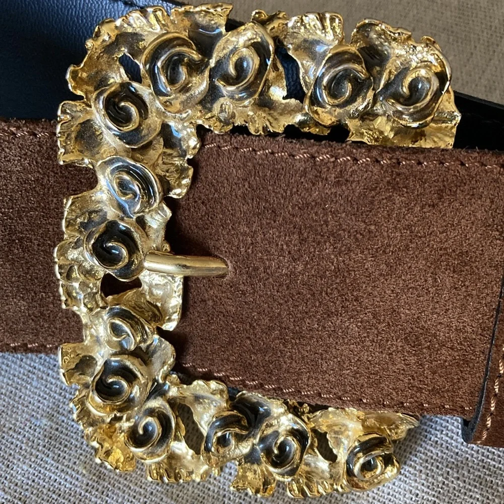 Genuine suede leather belt with one of a kind buckle.